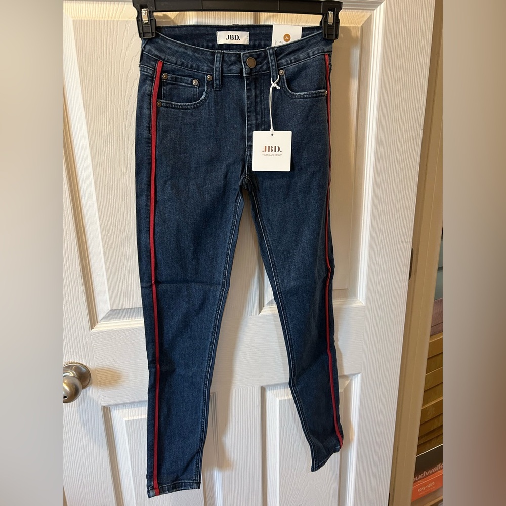 Just Black Denim JBD Size 24 Dark Blue Skinny Ankle Jeans With Red Stripe NWT